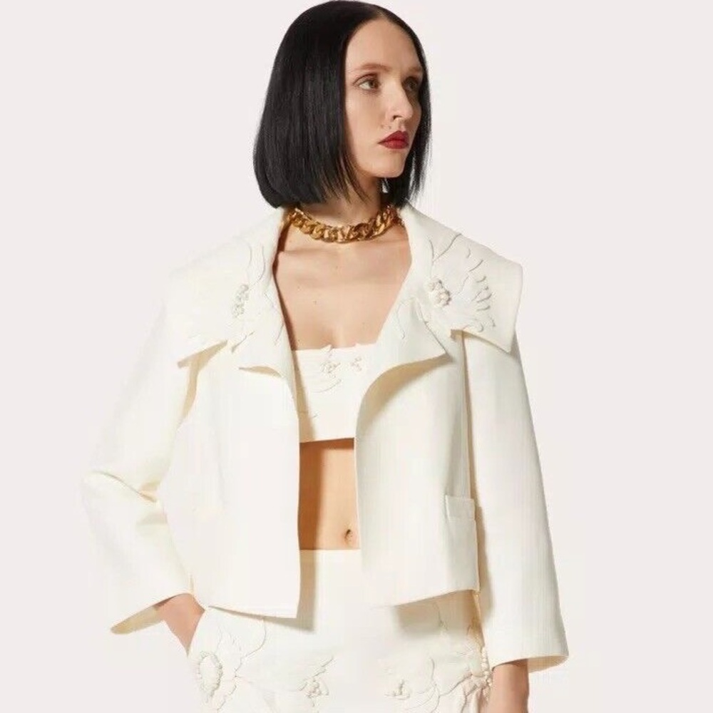 EUC VALENTINO Floral-Embroidered Open-Front Wool Jacket 40 $4,900